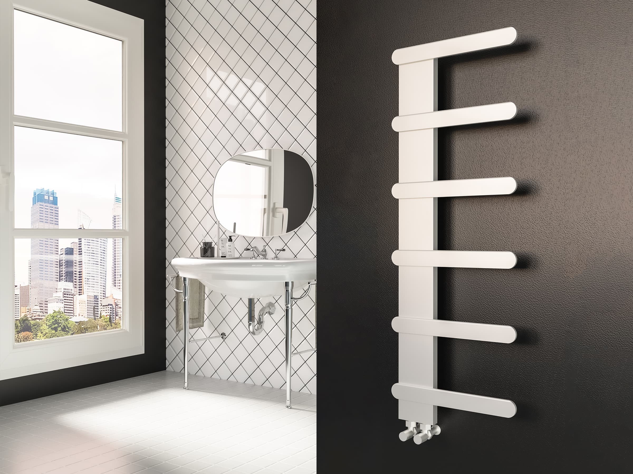 Uscător de prosoape decorativ LOJIMAX, colecția NUMMO STYLE Lățime 340 mm. Înălțime 450 mm. alb mat