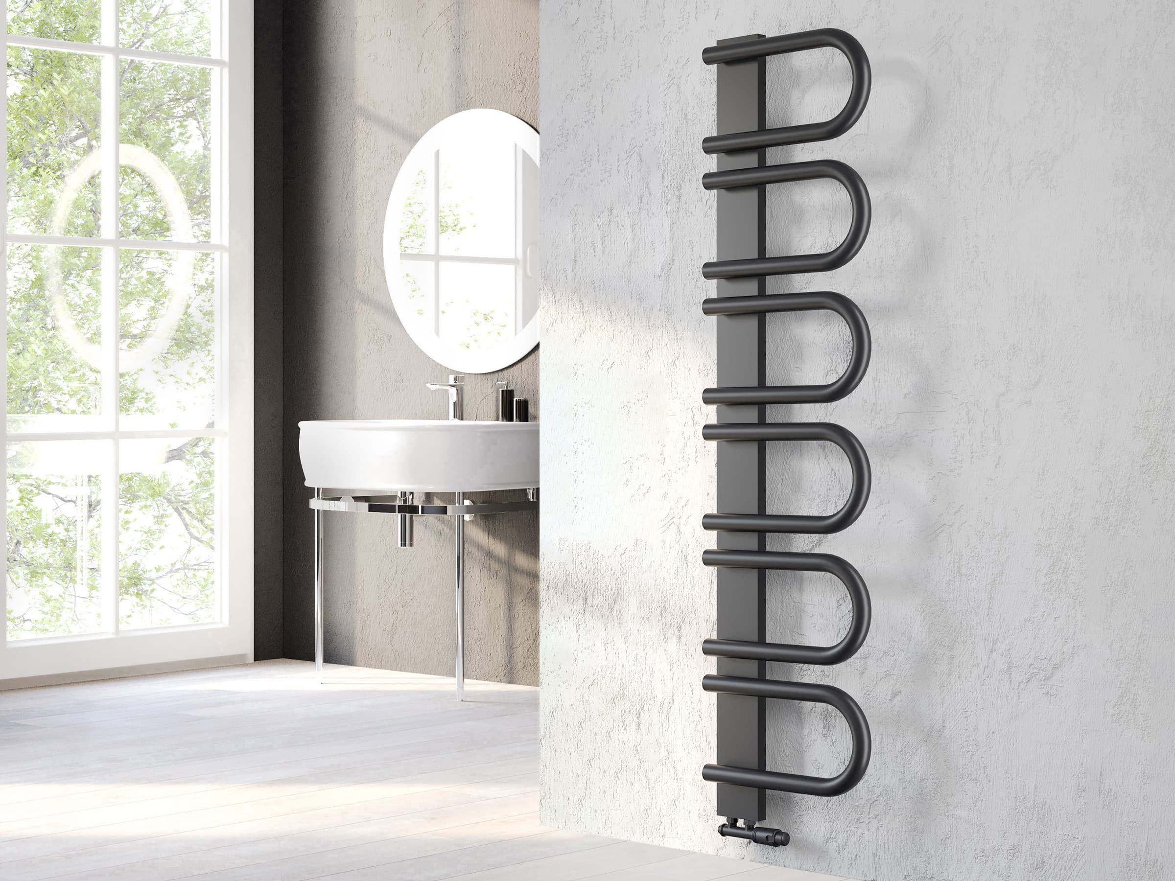 Дизайнерский полотенцесушитель LOJIMAX, коллекция PANA Высота 345 мм. Ширина 520 мм. антрацит мат