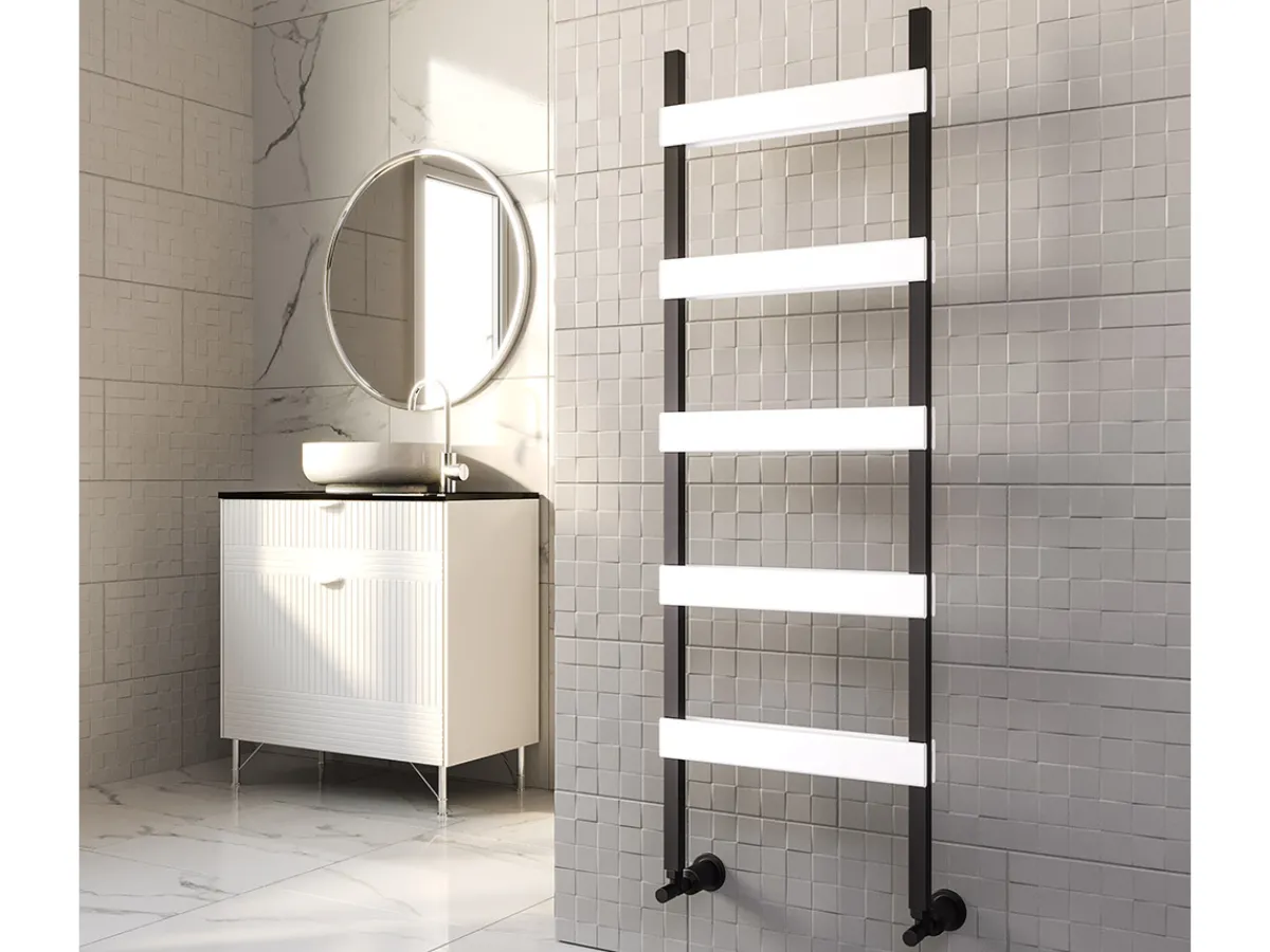 Uscător de prosoape decorativ LOJIMAX, colecția FERRINA DOUBLE LINE Lățime 600 mm. Înălțime 1180 mm. alb mat