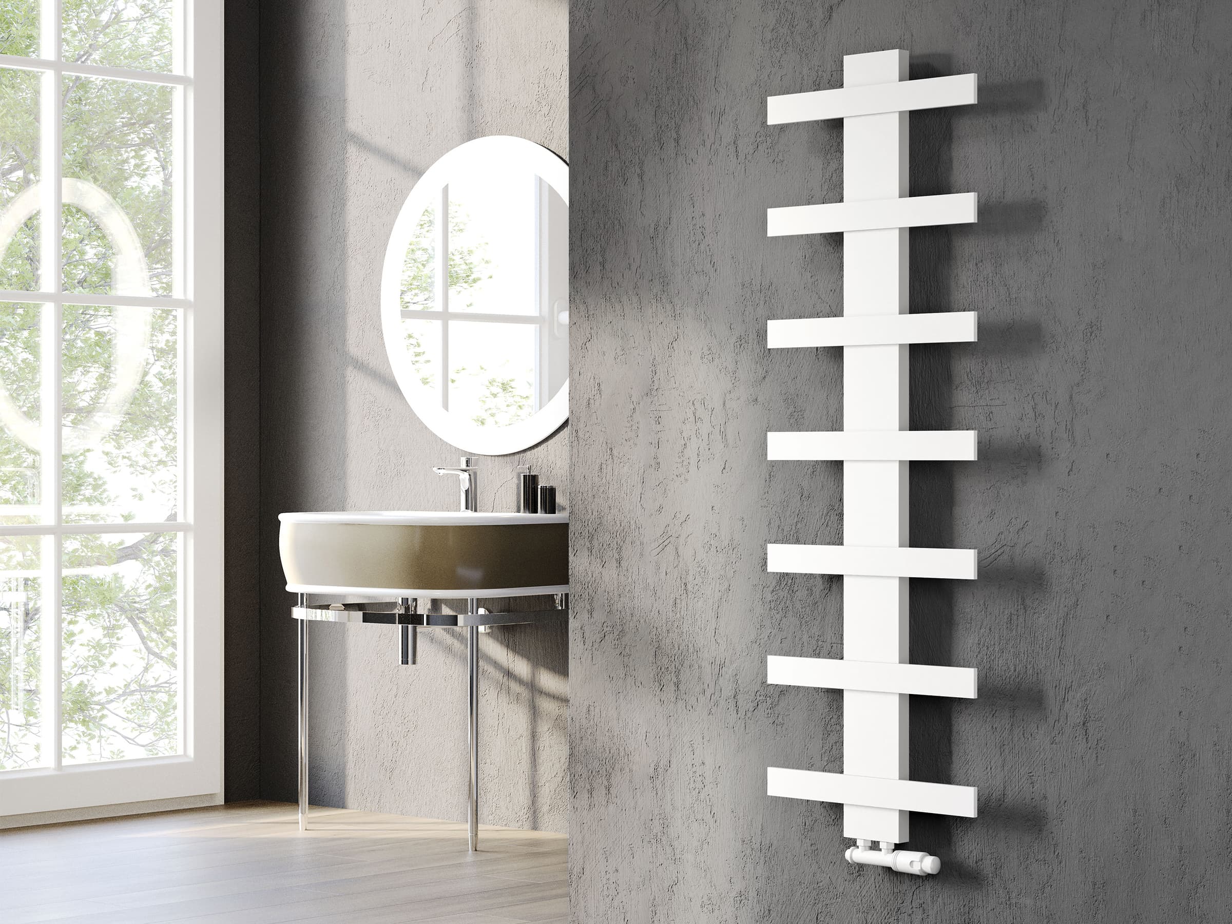 Uscător de prosoape decorativ LOJIMAX, colecția ALBATROS STYLE Lățime 340 mm. Înălțime 450 mm. alb mat