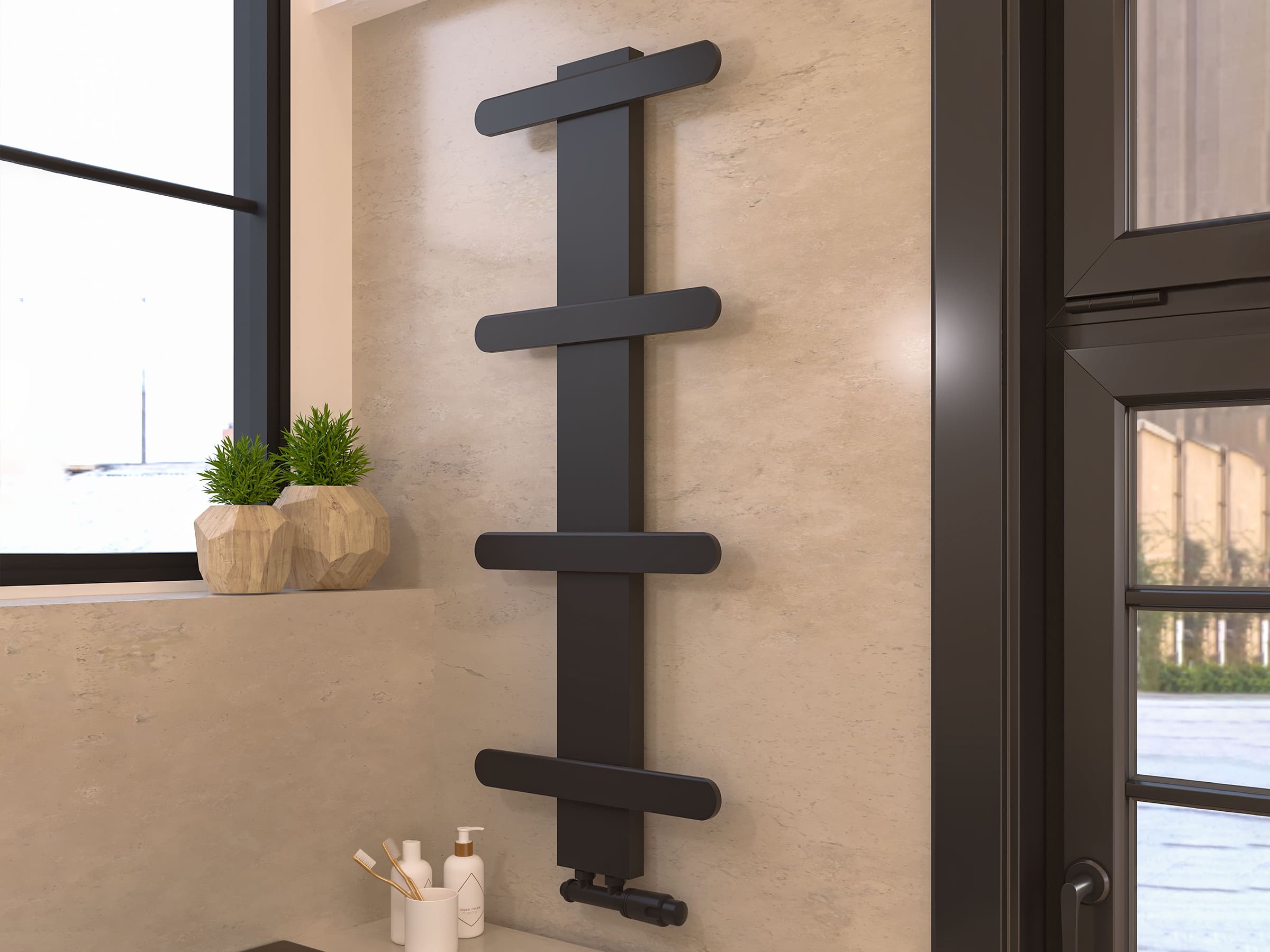 Uscător de prosoape decorativ LOJIMAX, colecția BALLOSS STYLE Lățime 340 mm. Înălțime 400 mm. negru mat