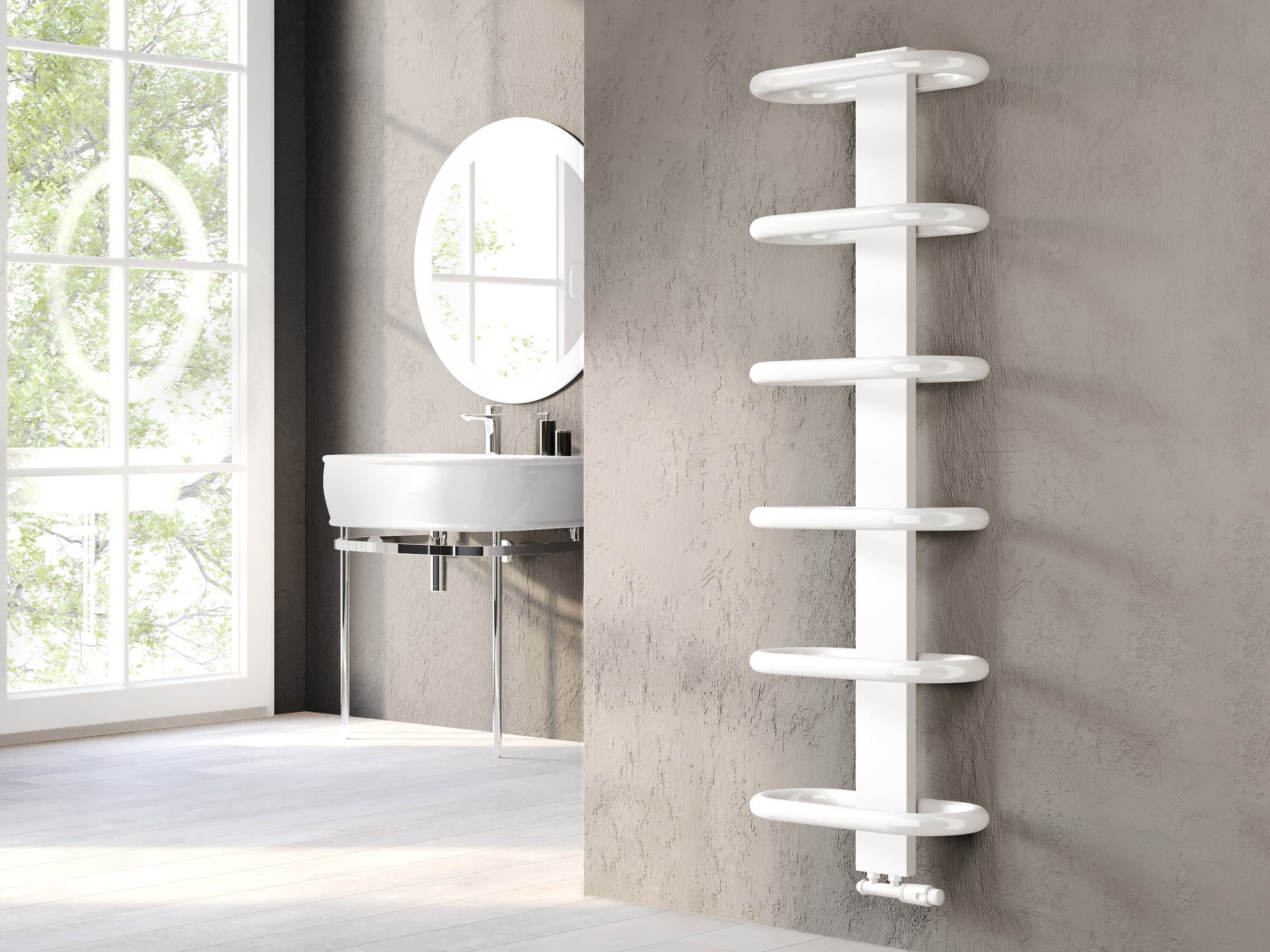 Uscător de prosoape decorativ LOJIMAX, colecția TEOS Lățime 390 mm. Înălțime 400 mm. alb mat