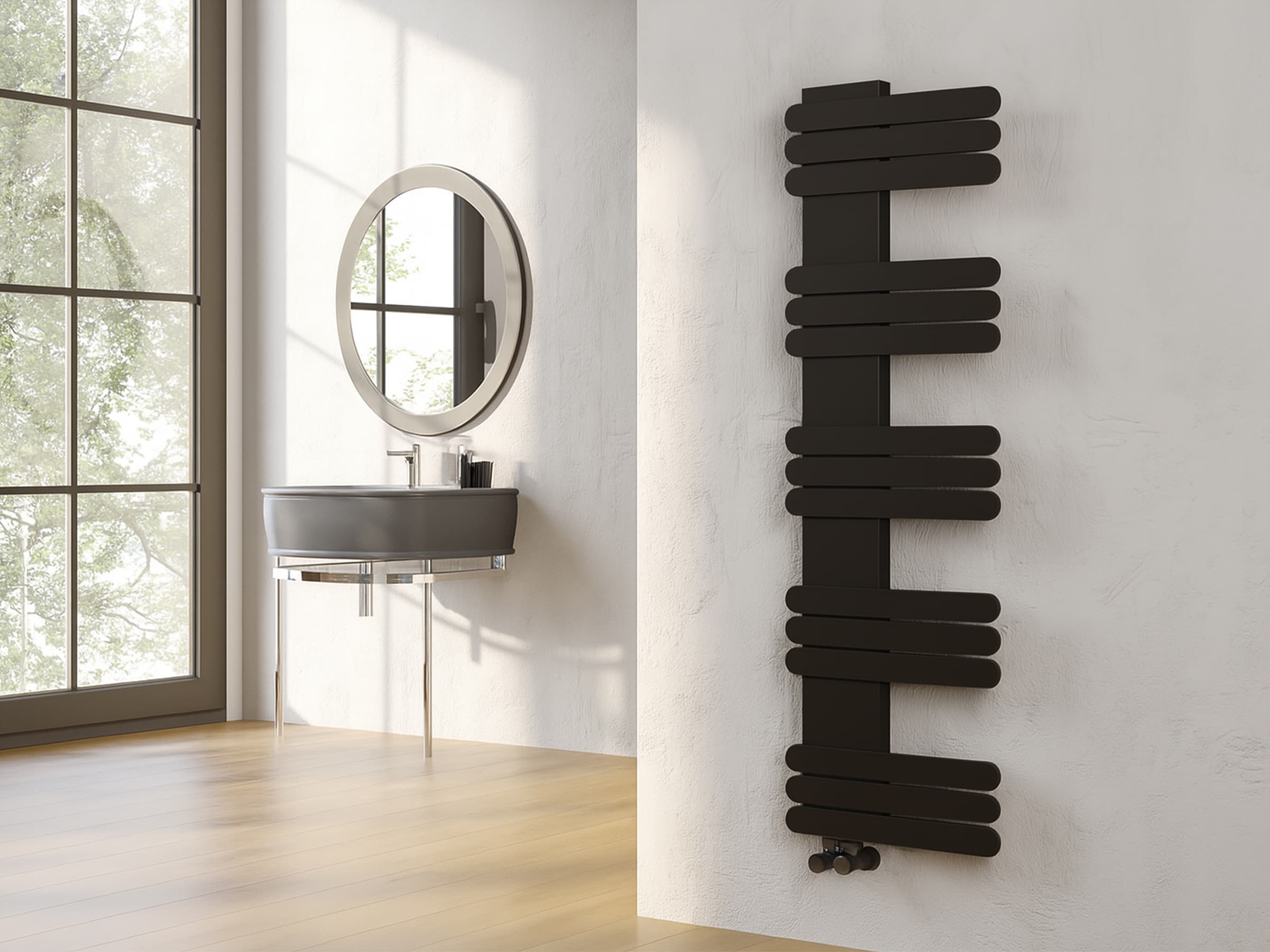 Uscător de prosoape decorativ LOJIMAX, colecția NUMMO Lățime 1120 mm. Înălțime 500 mm. negru mat