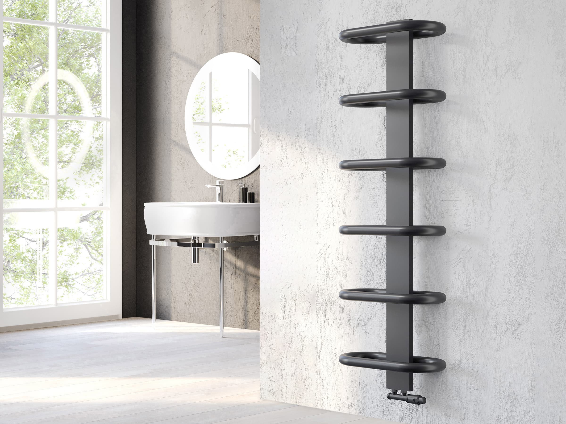 Дизайнерский полотенцесушитель LOJIMAX, коллекция TEOS Высота 390 мм. Ширина 400 мм. антрацит мат