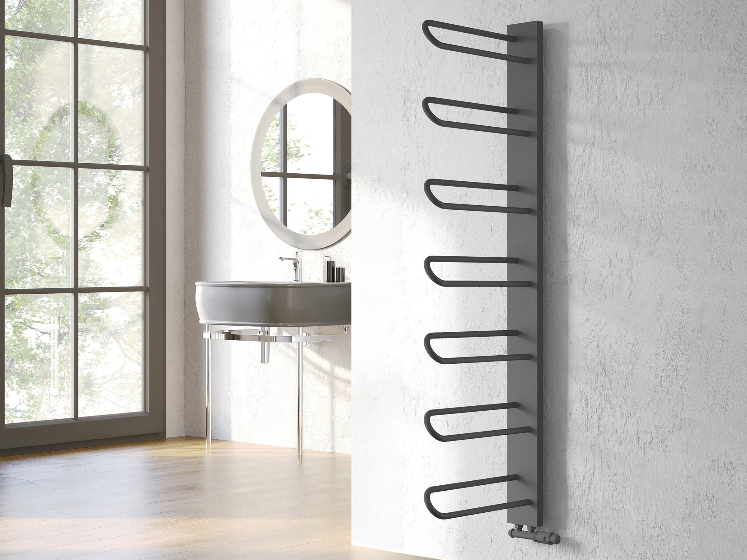 Дизайнерский полотенцесушитель LOJIMAX, коллекция PRUSIAS Высота 1400 мм. Ширина 400 мм. антрацит мат