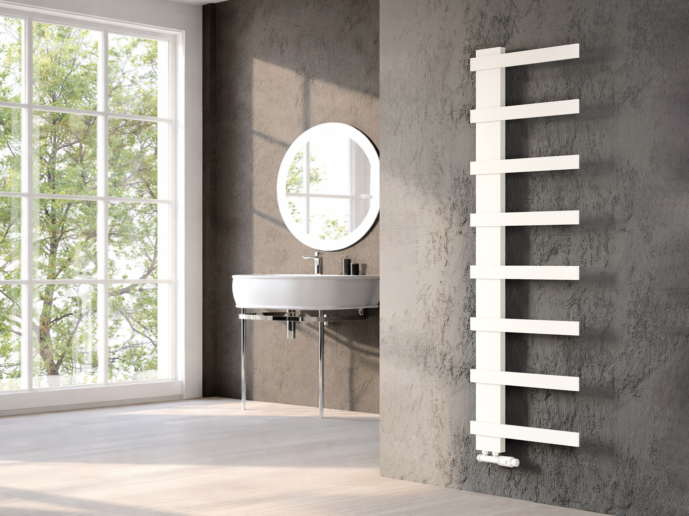 Uscător de prosoape decorativ LOJIMAX, colecția KAUNOS STYLE Lățime 340 mm. Înălțime 450 mm. alb mat