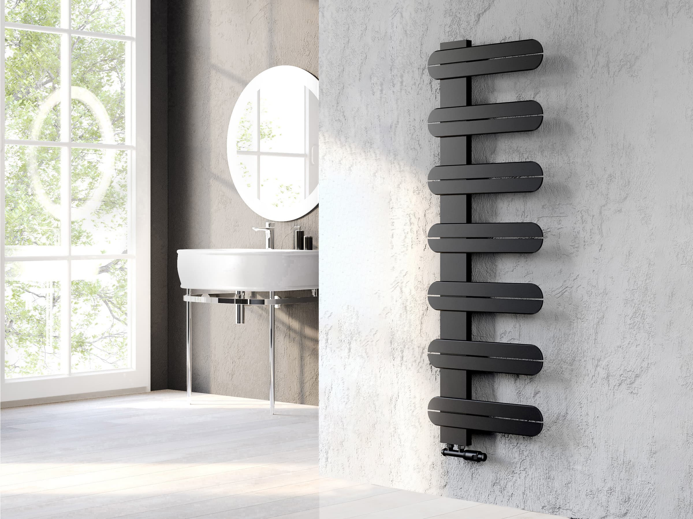 Uscător de prosoape decorativ LOJIMAX, colecția LINEA Lățime 195 mm. Înălțime 400 mm. negru mat