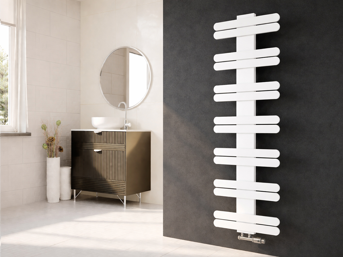 Uscător de prosoape decorativ LOJIMAX, colecția BALLOSS LINE Lățime 1220 mm. Înălțime 500 mm. alb mat