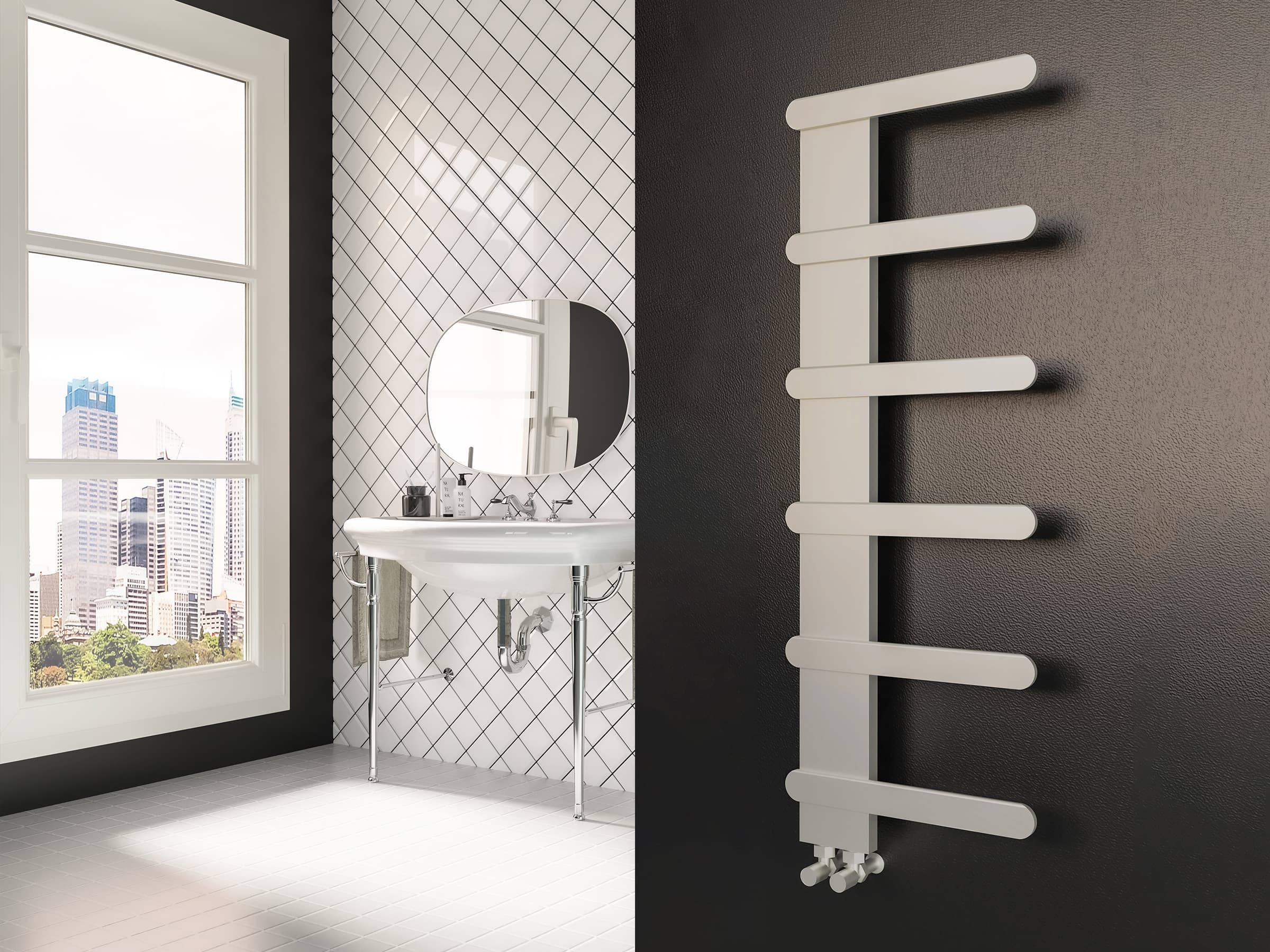 Дизайнерский полотенцесушитель LOJIMAX, коллекция NUMMO STYLE Высота 340 мм. Ширина 450 мм. RAL глянец Lemon