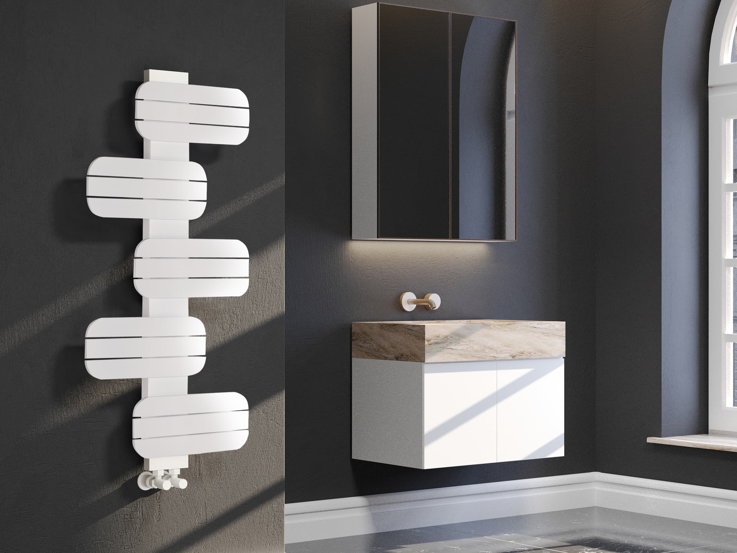 Uscător de prosoape decorativ LOJIMAX, colecția BAMITO Lățime 246 mm. Înălțime 400 mm. alb mat