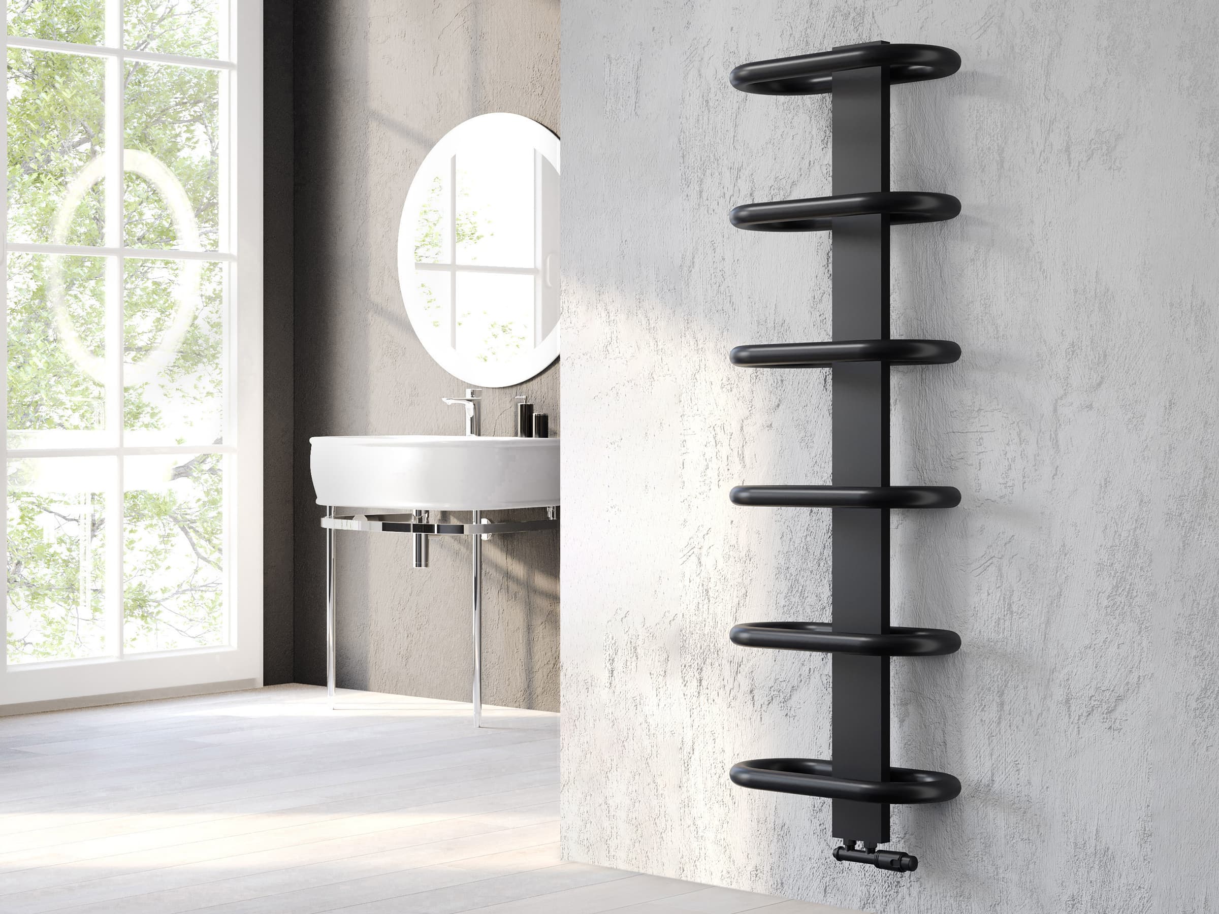 Дизайнерский полотенцесушитель LOJIMAX, коллекция TEOS Ширина 390 мм. Высота 400 мм. черный мат