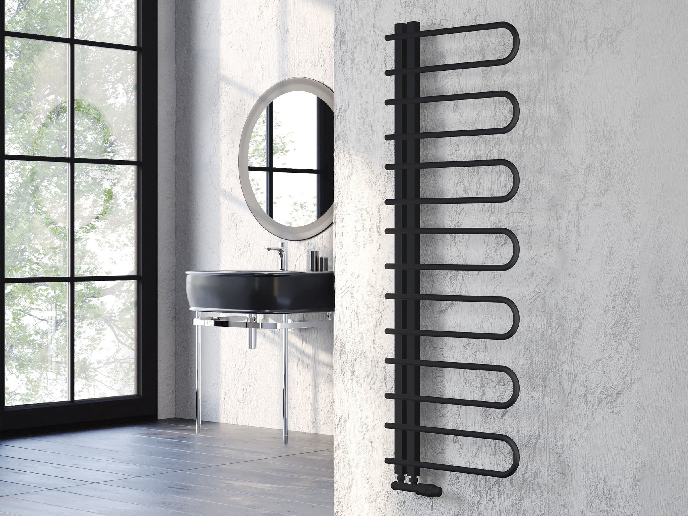 Uscător de prosoape decorativ LOJIMAX, colecția CORTE Lățime 1600 mm. Înălțime 500 mm. negru mat