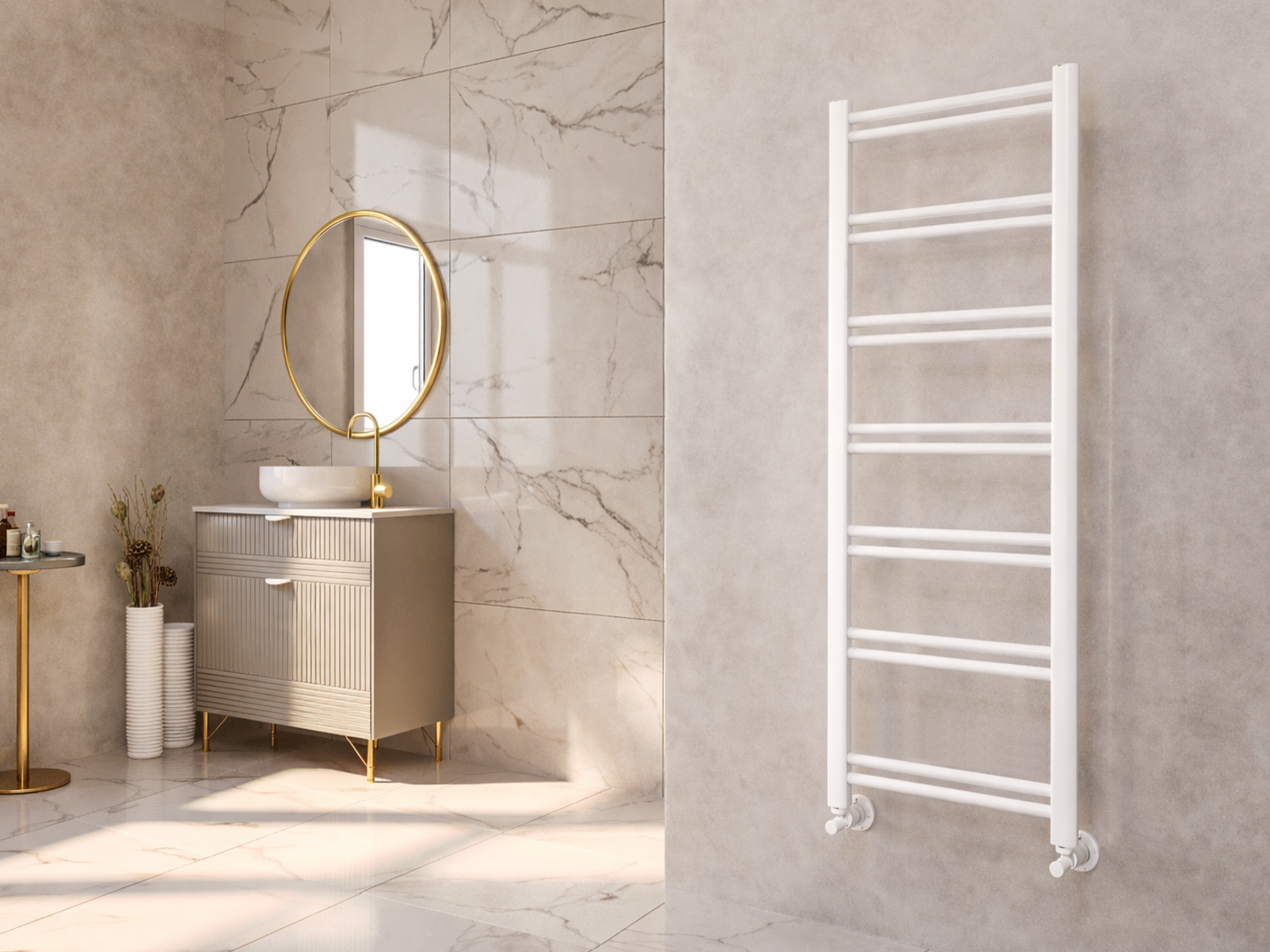 Uscător de prosoape decorativ LOJIMAX, colecția LODOS LINE Lățime 300 mm. Înălțime 750 mm. alb mat