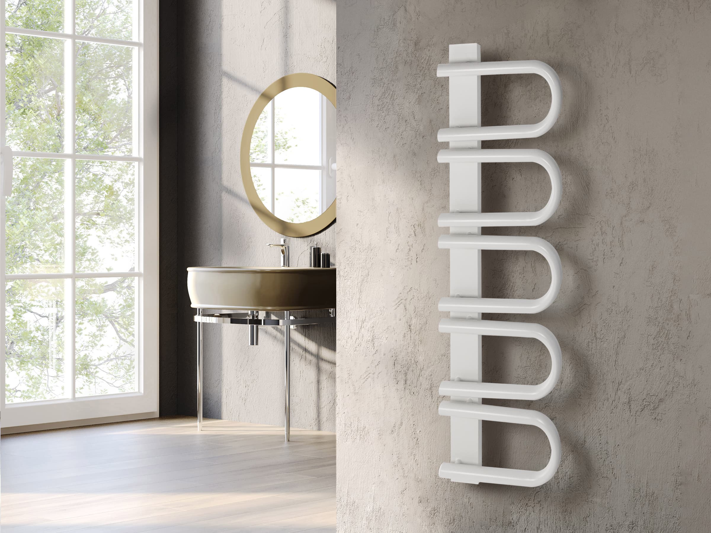 Uscător de prosoape decorativ LOJIMAX, colecția PANA Lățime 345 mm. Înălțime 520 mm. alb mat