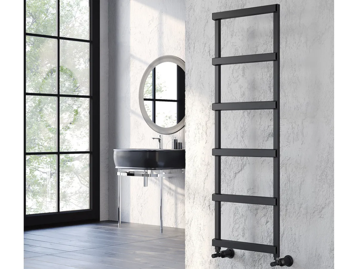 Uscător de prosoape decorativ LOJIMAX, colecția SORTE STYLE Lățime 400 mm. Înălțime 570 mm. negru mat