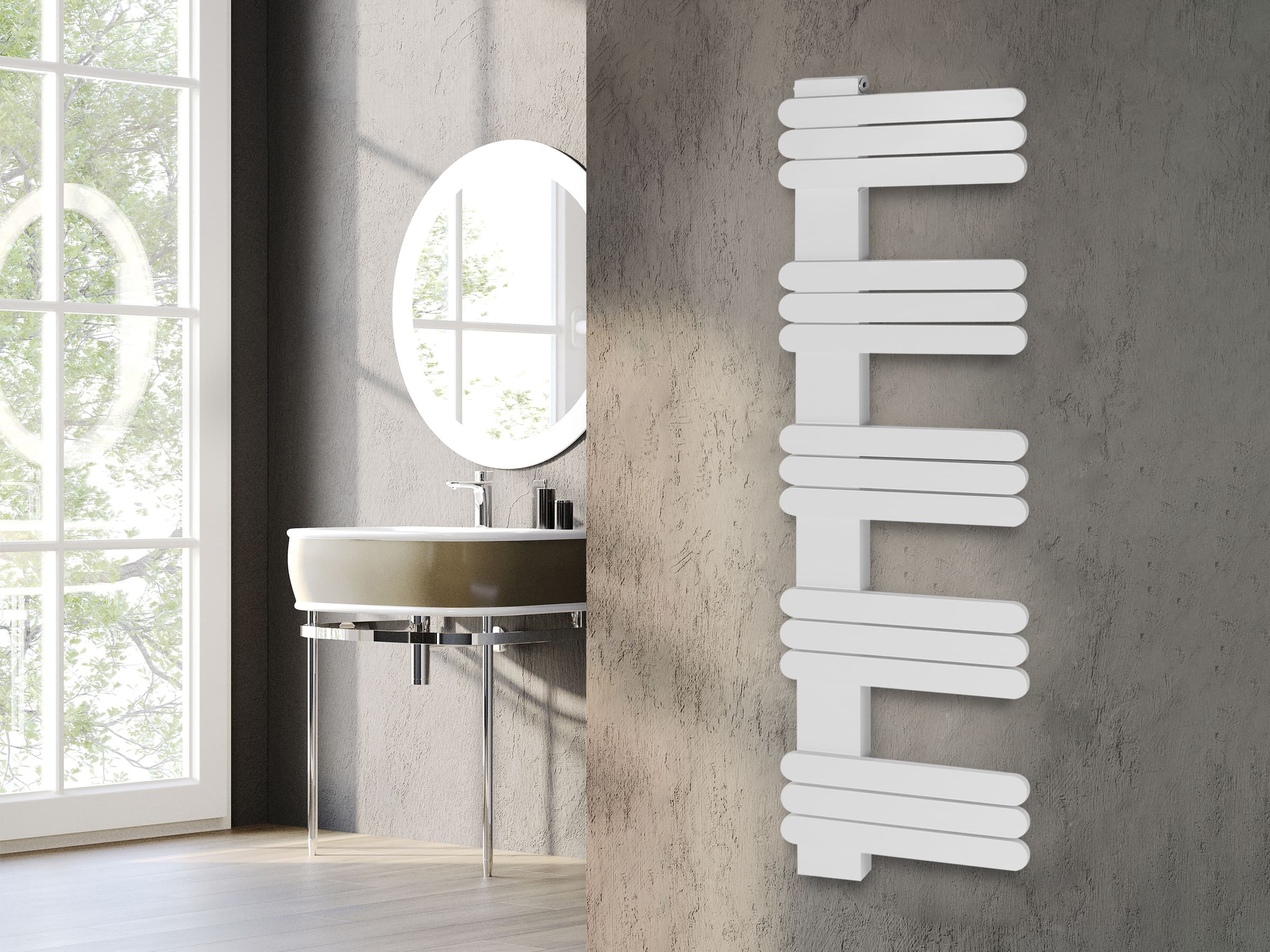 Uscător de prosoape decorativ LOJIMAX, colecția NUMMO Lățime 250 mm. Înălțime 400 mm. alb mat