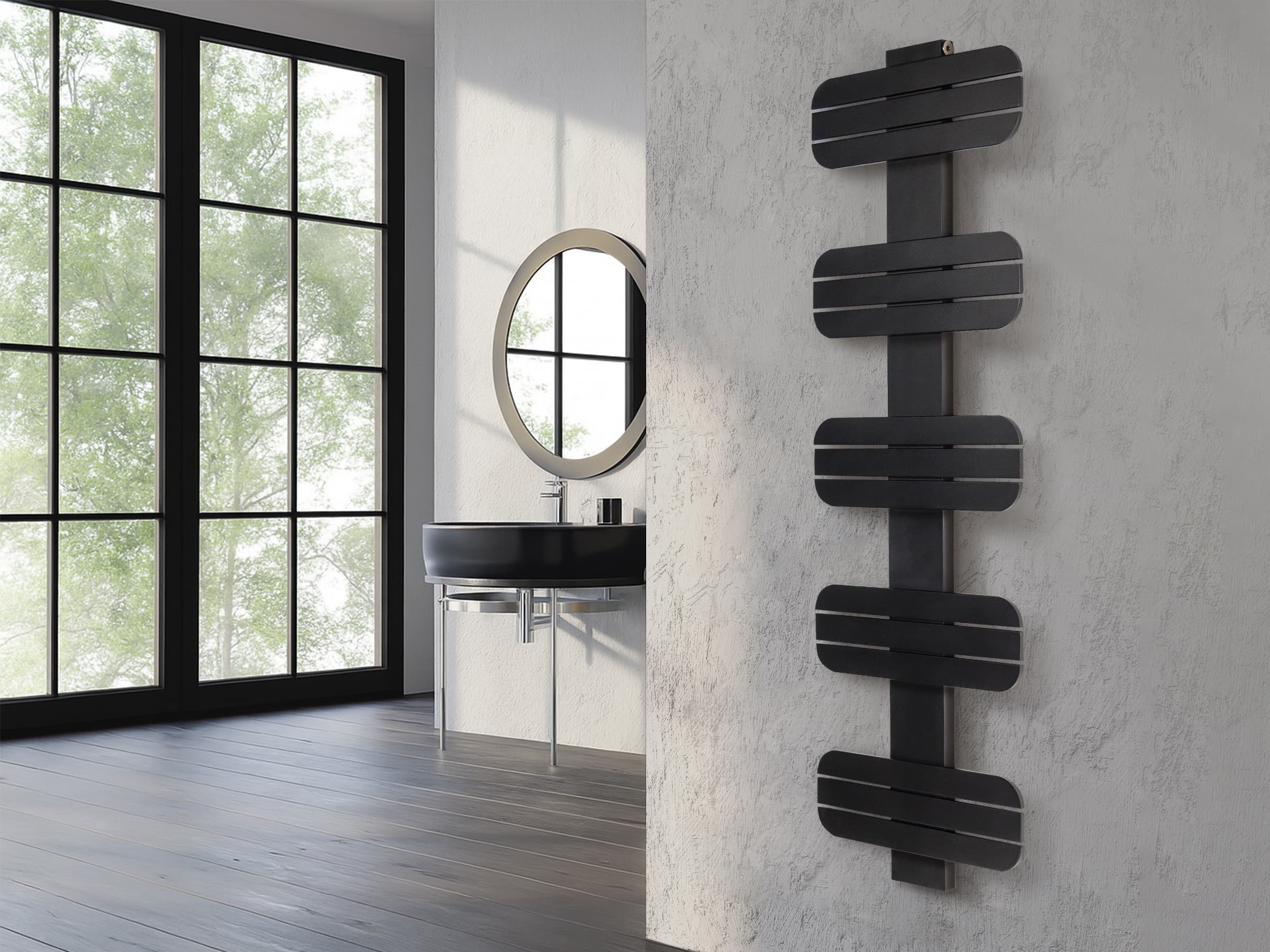 Uscător de prosoape decorativ LOJIMAX, colecția DOSIA Lățime 250 mm. Înălțime 400 mm. negru mat