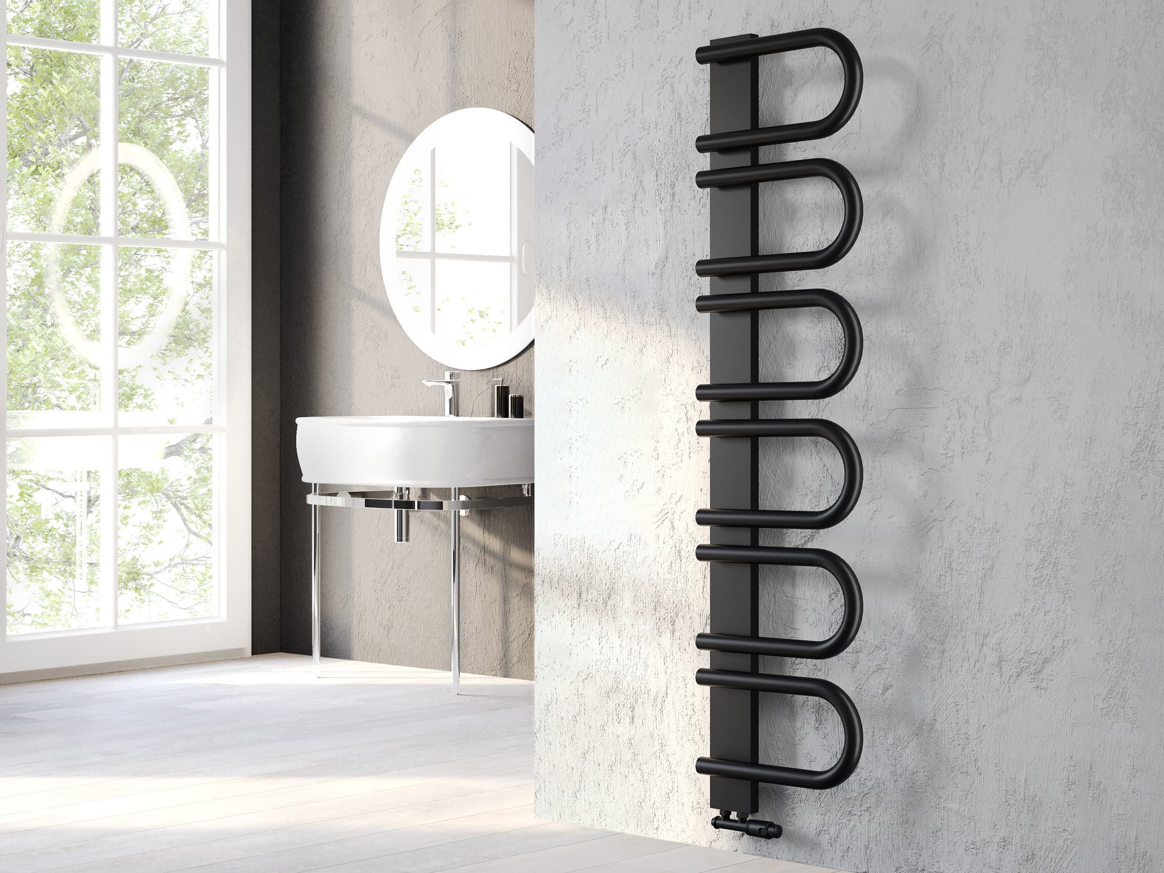 Дизайнерский полотенцесушитель LOJIMAX, коллекция PANA Ширина 345 мм. Высота 520 мм. черный мат