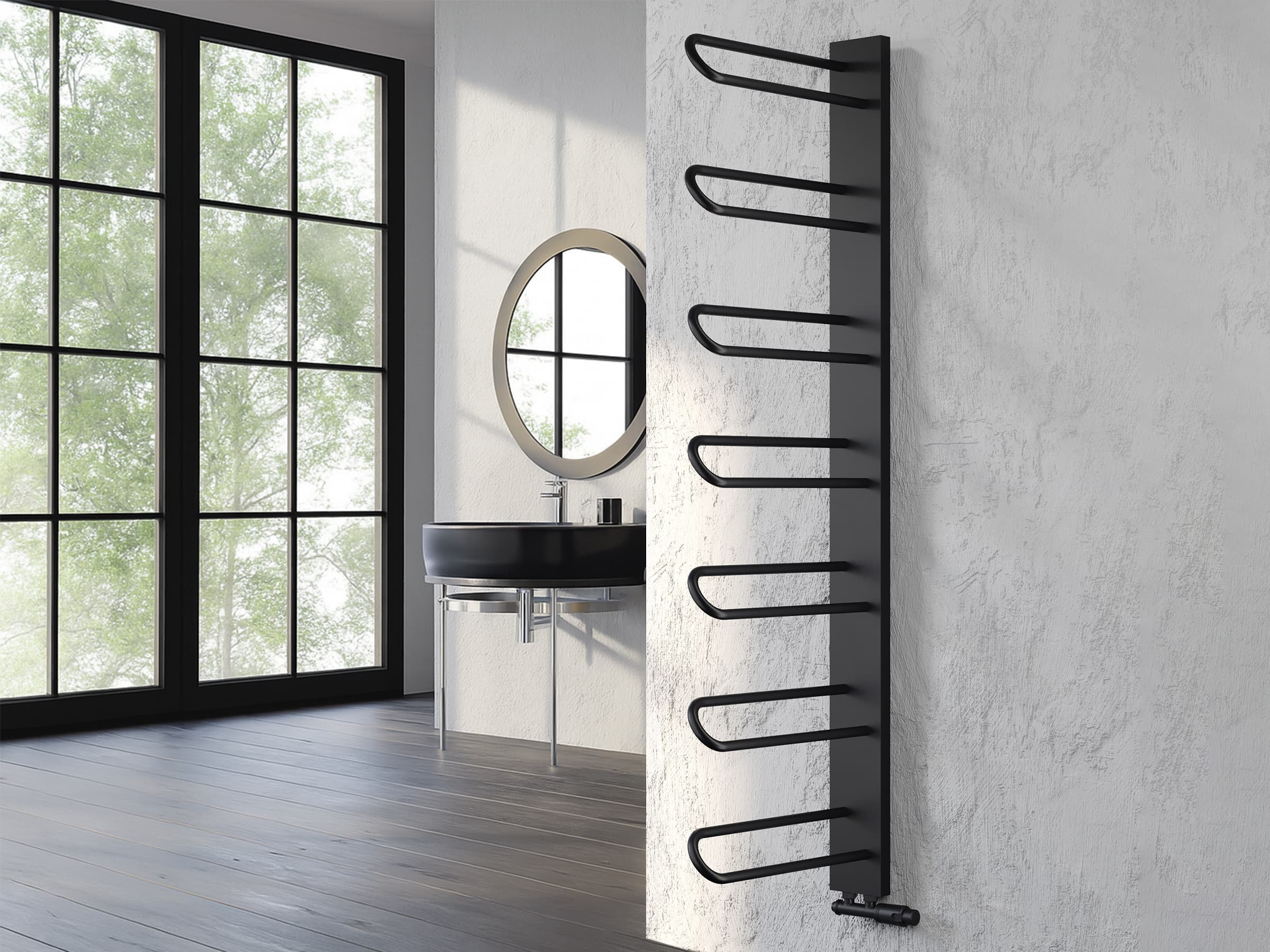 Uscător de prosoape decorativ LOJIMAX, colecția PRUSIAS Lățime 1200 mm. Înălțime 400 mm. negru mat