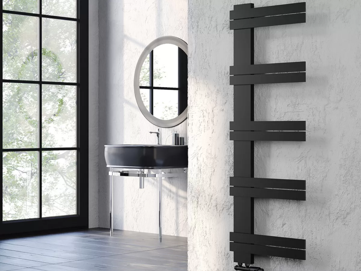 Uscător de prosoape decorativ LOJIMAX, colecția KAUNOS LINE Lățime 500 mm. Înălțime 450 mm. negru mat