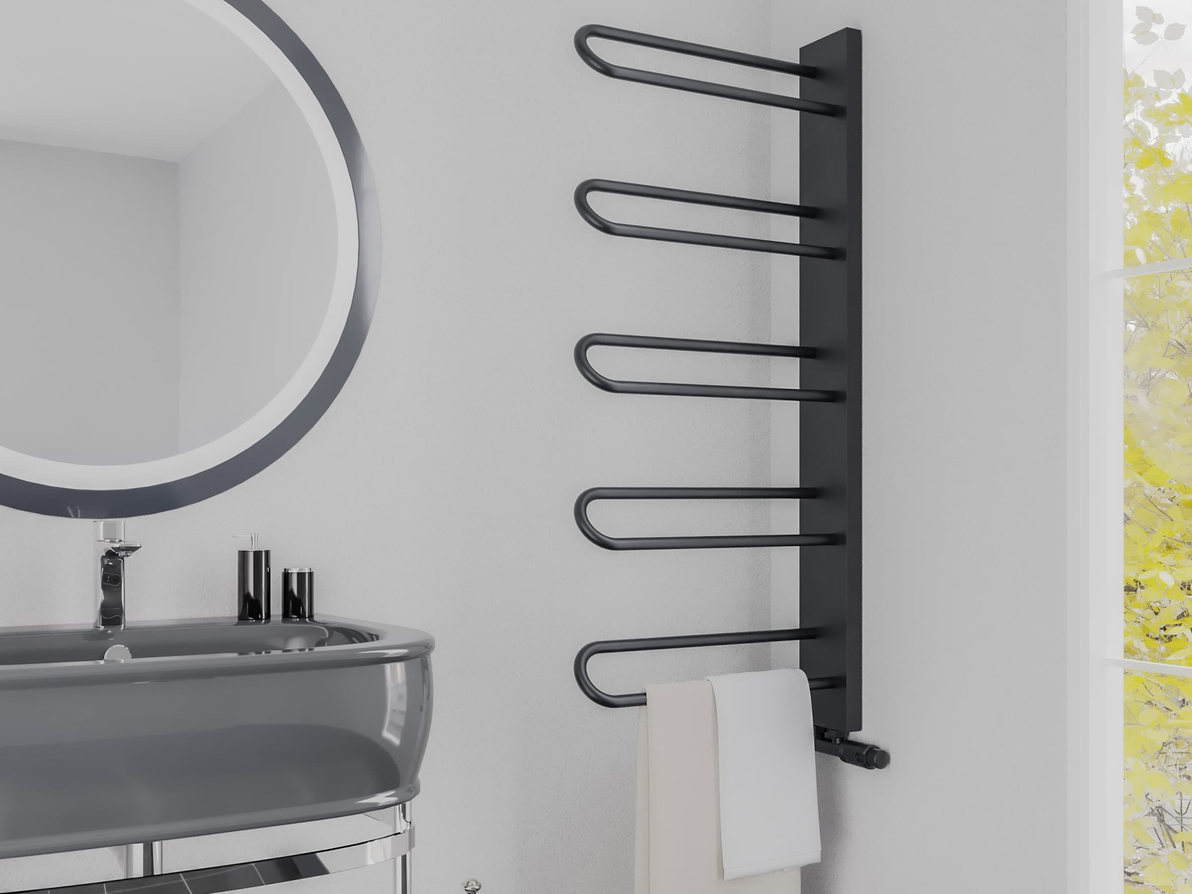 Uscător de prosoape decorativ LOJIMAX, colecția PRUSIAS Lățime 1200 mm. Înălțime 400 mm. negru mat