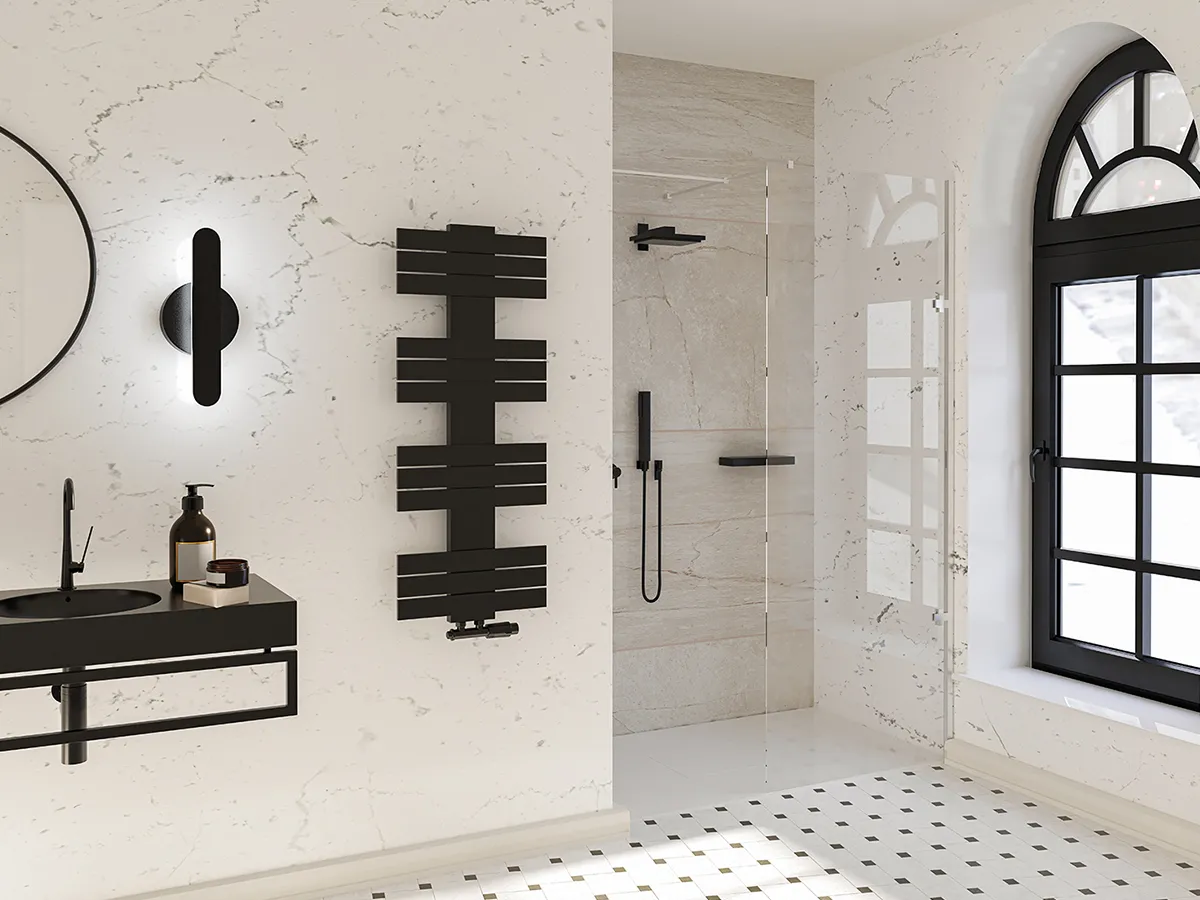 Uscător de prosoape decorativ LOJIMAX, colecția ALBATROS Lățime 250 mm. Înălțime 400 mm. negru mat