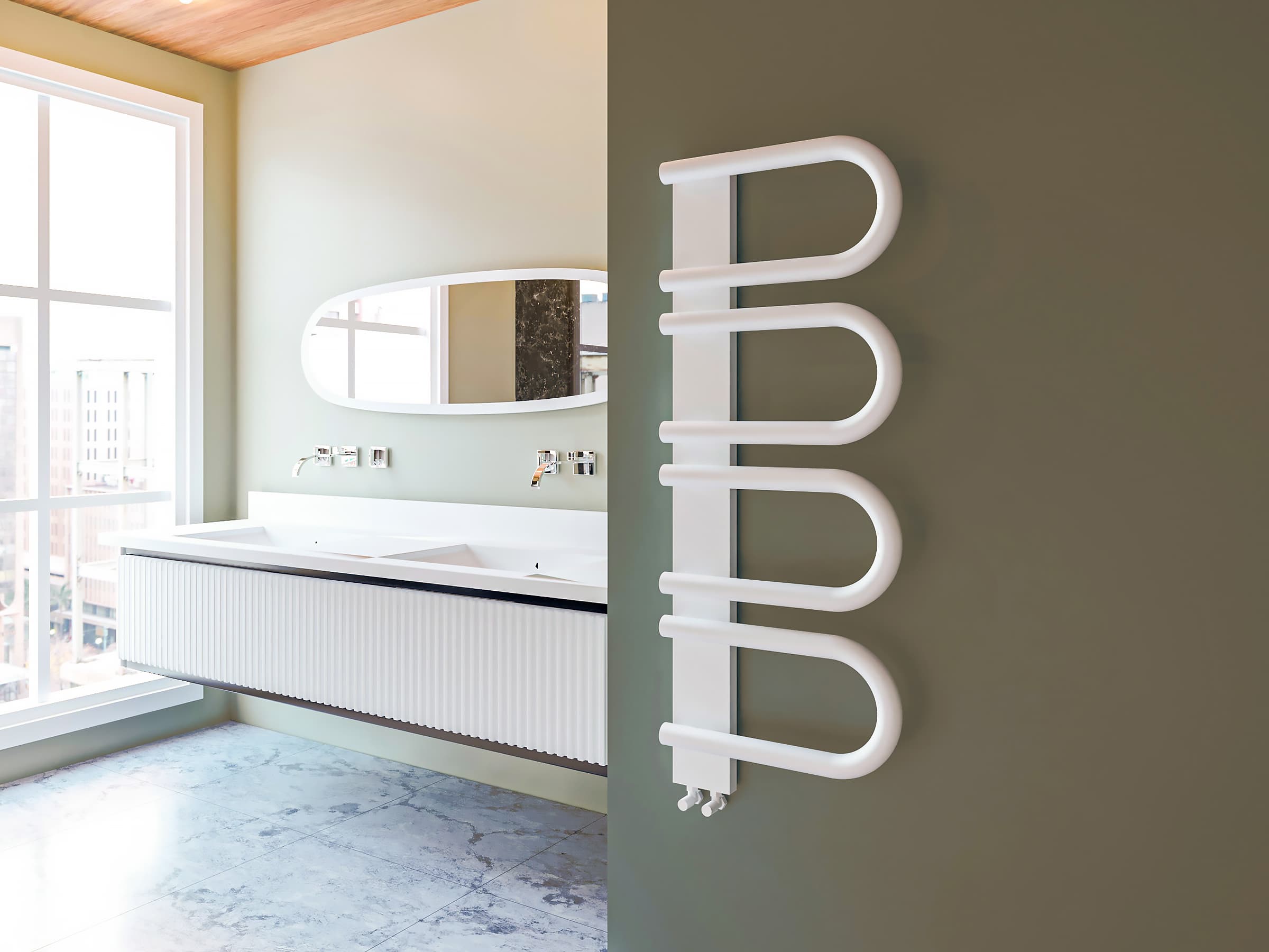 Uscător de prosoape decorativ LOJIMAX, colecția PANA Lățime 345 mm. Înălțime 520 mm. alb mat