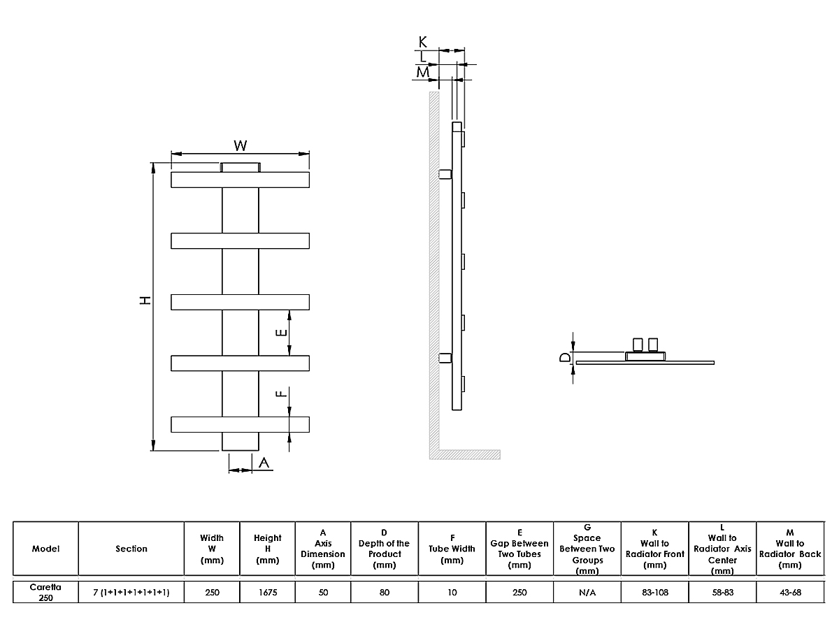 Uscător de prosoape decorativ LOJIMAX, colectia СARETTA inaltimea 1675 mm. latimea 250 mm. negru mat