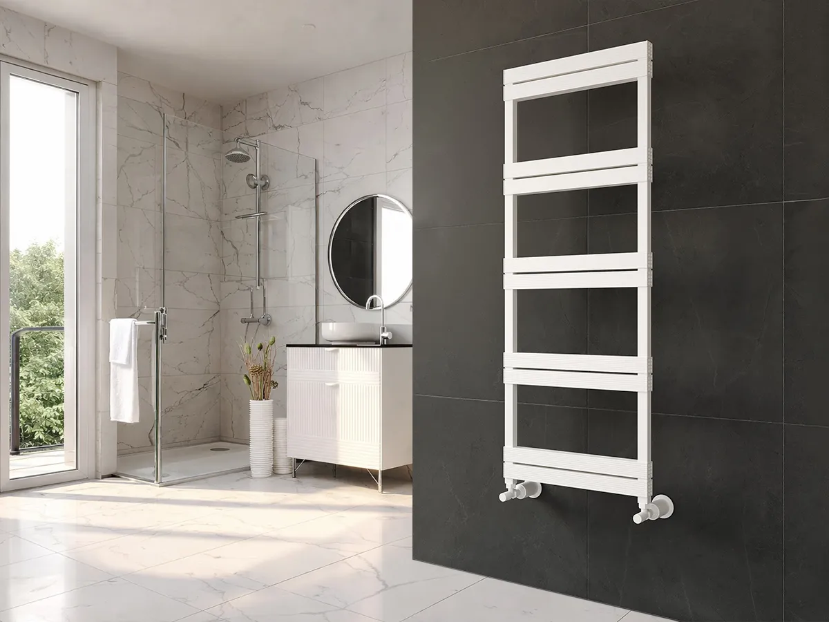 Uscător de prosoape decorativ LOJIMAX, colecția ELEGANT LINE Lățime 300 mm. Înălțime 800 mm. alb mat