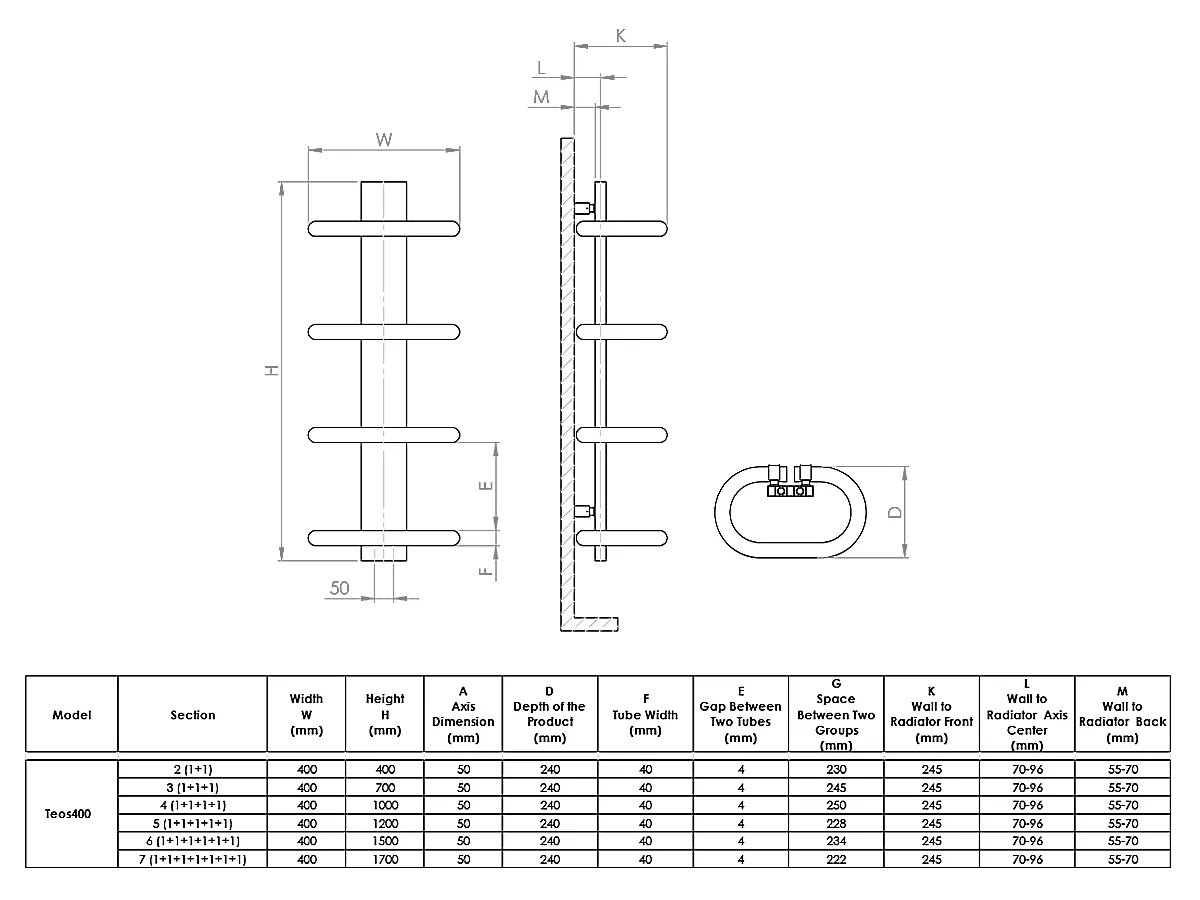 Uscător de prosoape de design LOJIMAX colecția TEOS 1430x400 mm, Negru
