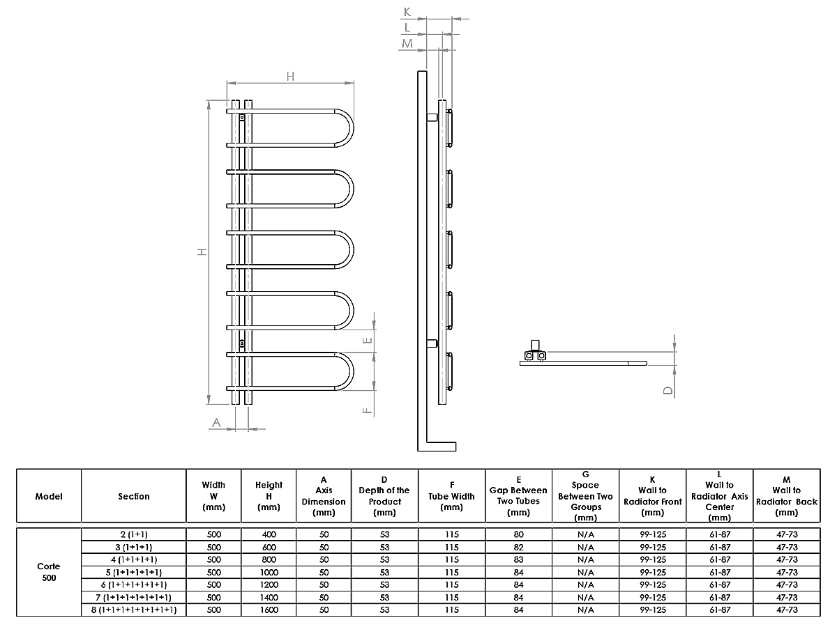 Дизайнерский полотенцесушитель LOJIMAX, коллекция CORTE Высота 400 мм. Ширина 500 мм. антрацит мат