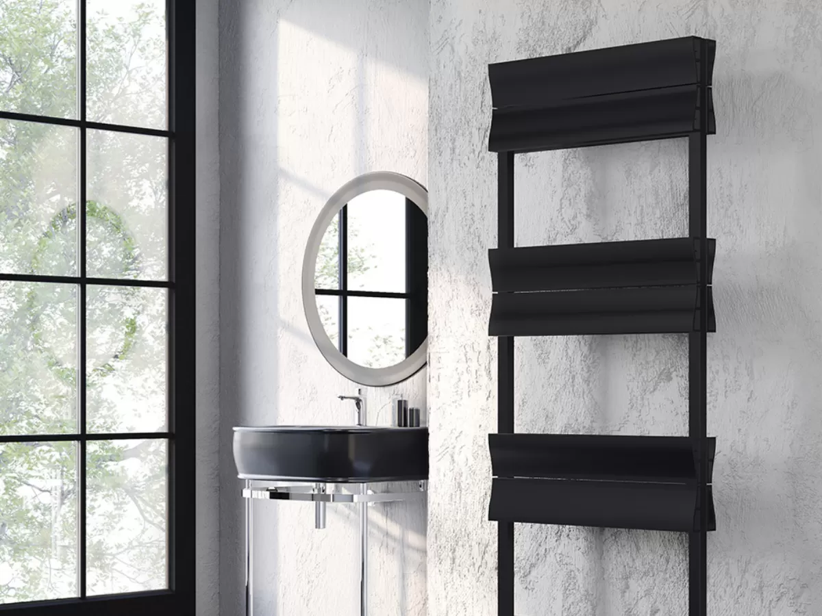 Uscător de prosoape decorativ LOJIMAX, colecția DUAL LINE DOUBLE Lățime 400 mm. Înălțime 1750 mm. negru mat