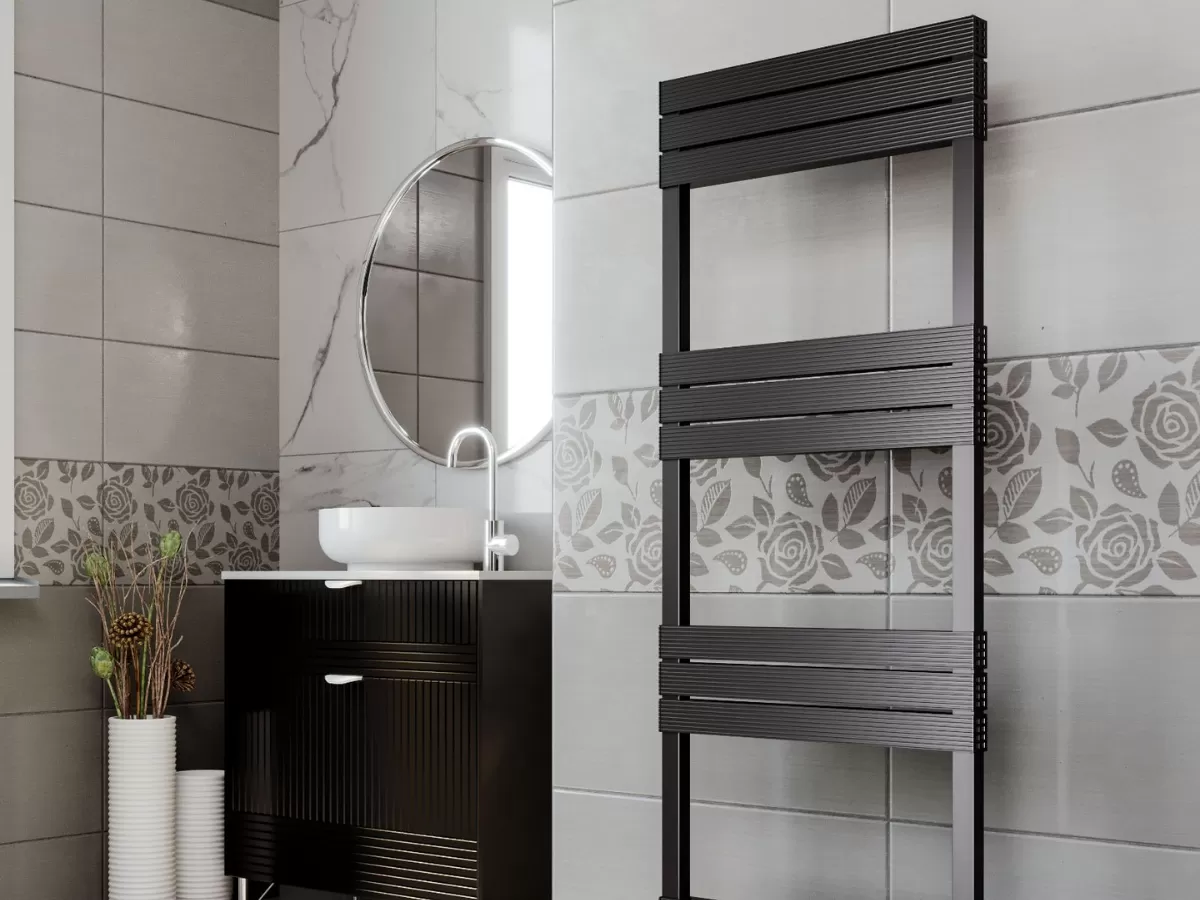 Uscător de prosoape decorativ LOJIMAX, colecția ELEGANT Lățime 600 mm. Înălțime 1700 mm. negru mat